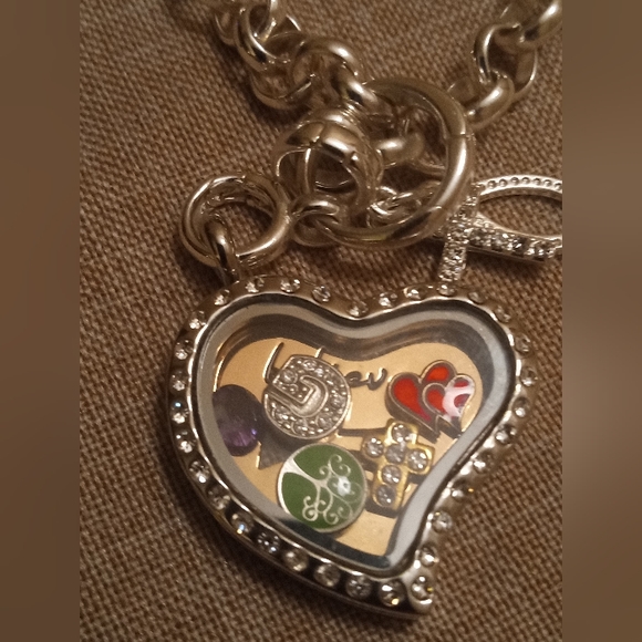 Silver Tone 12" Chain, Heart Charm Locket, Rhinestones Necklace, Believe Etched - Picture 3 of 8